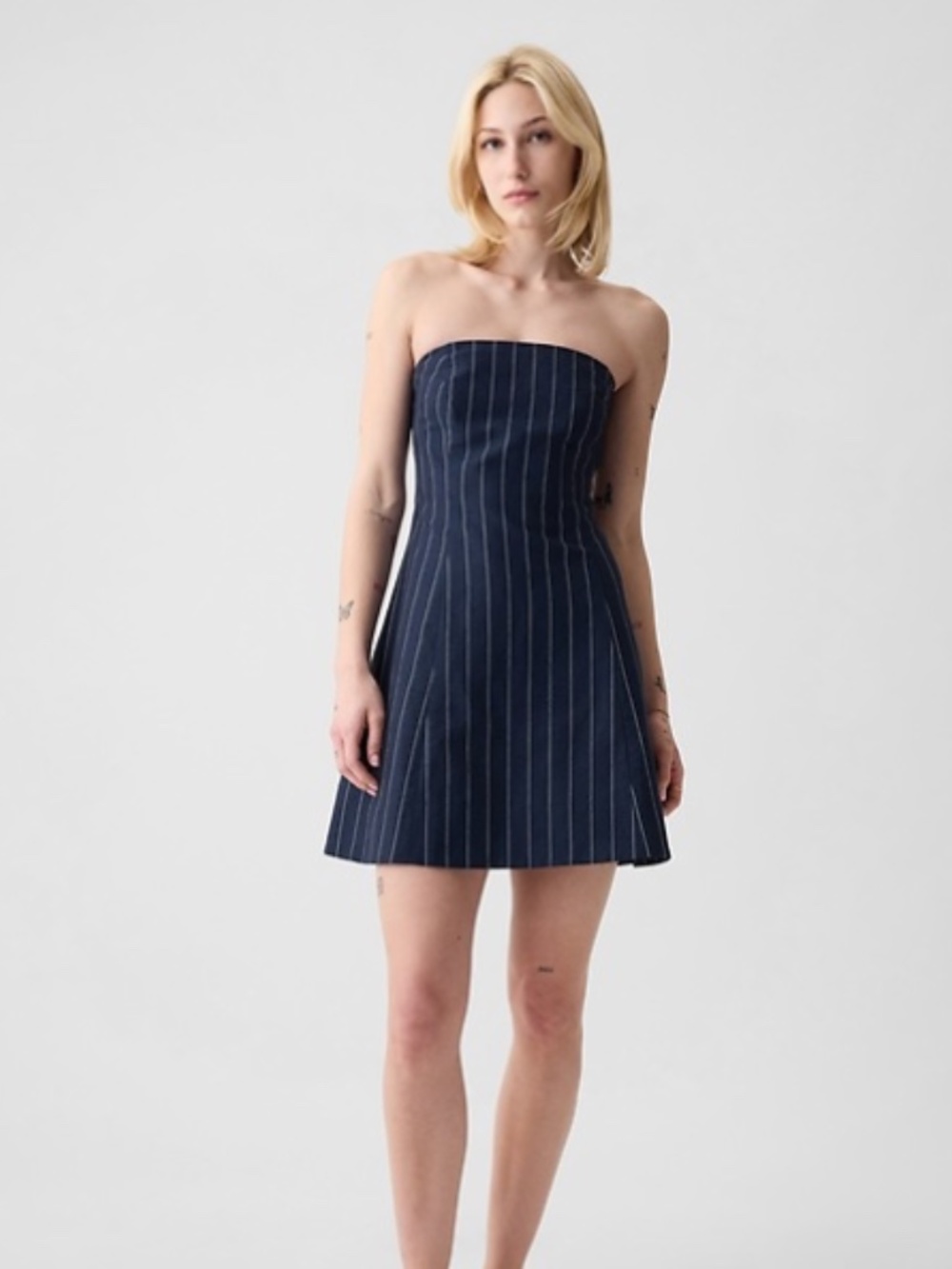 Navy Pinstripe Mini Dress | Denim Look Fit & Flare Dress
